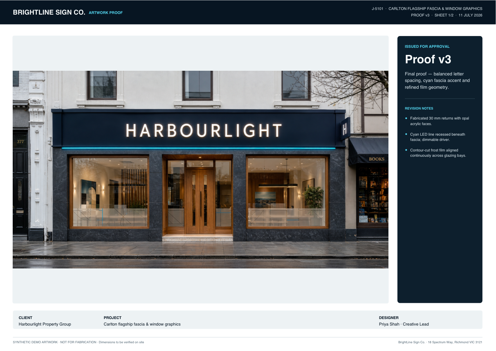 BrightLine artwork proof for Harbourlight storefront signage, revision three