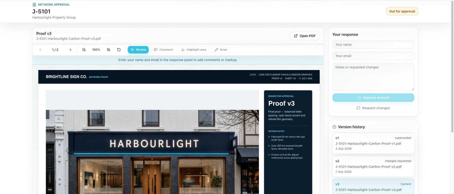 SignBas3 client artwork approval portal showing proof version three and full version history