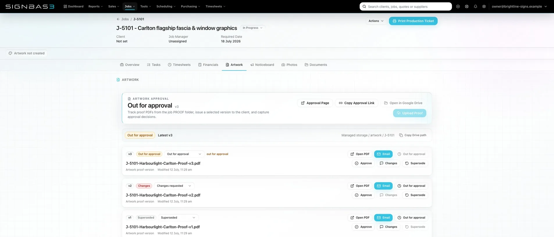 SignBas3 artwork approval workspace with customer proof review