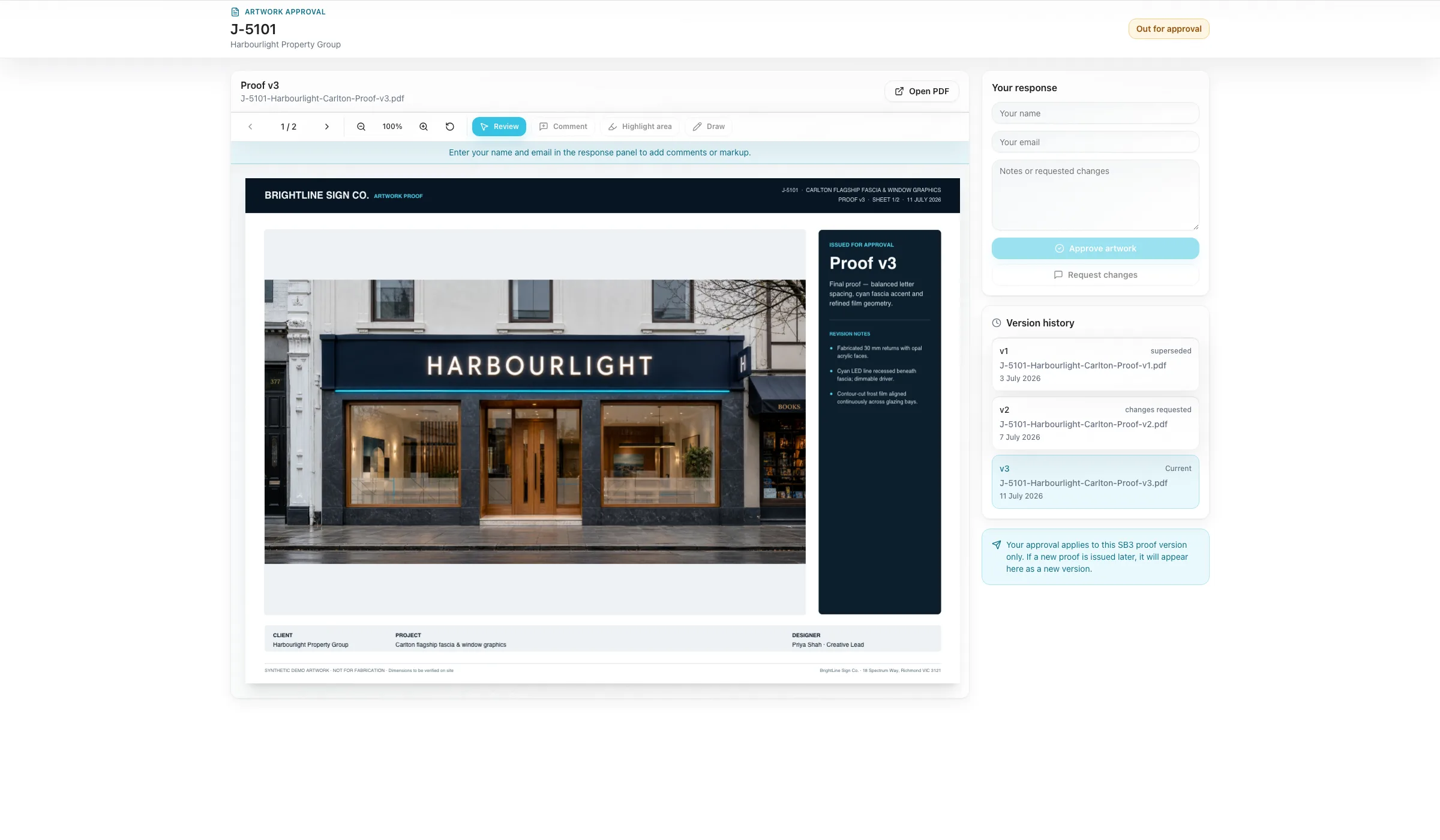 SignBas3 public client artwork approval portal showing a proof viewer, response panel, version history and approval actions