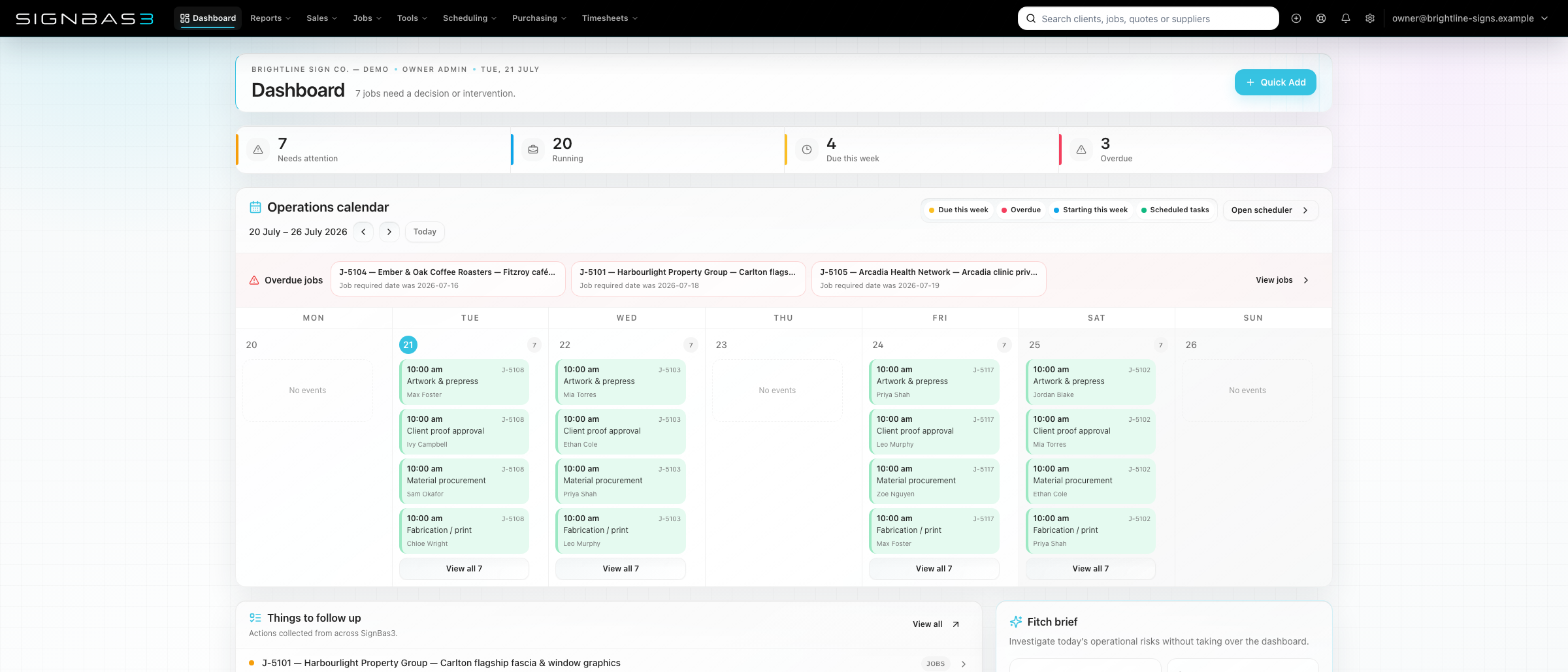 SignBas3 demonstration dashboard for the synthetic BrightLine sign company