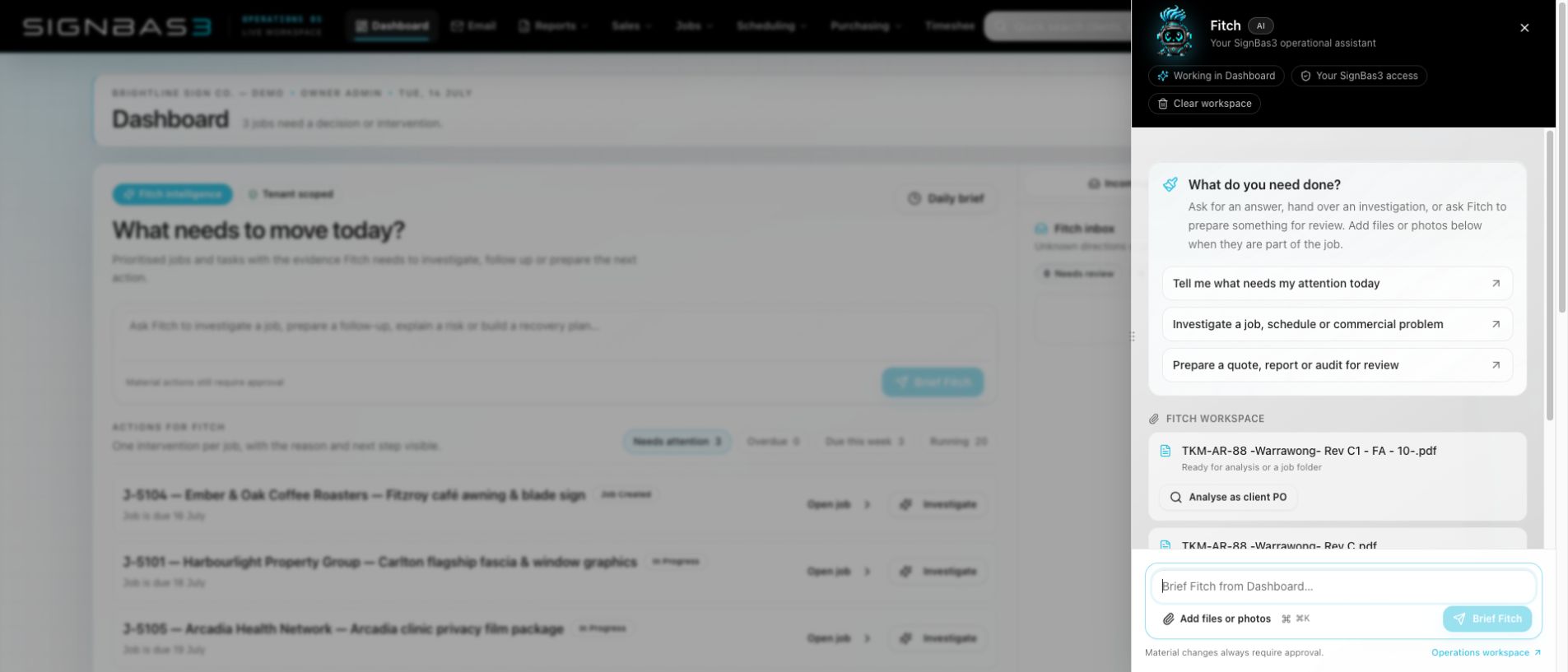Fitch operational assistant open beside the synthetic BrightLine dashboard with retained client PO files