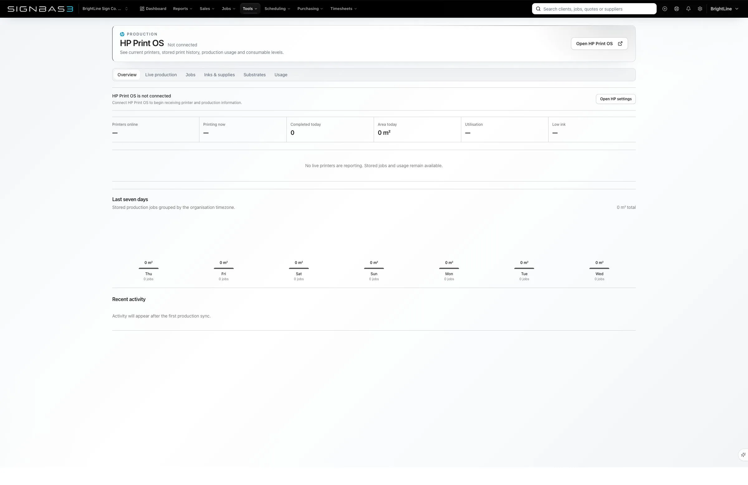 Current SignBas3 HP PrintOS workspace showing connection state, production navigation and stored activity surfaces
