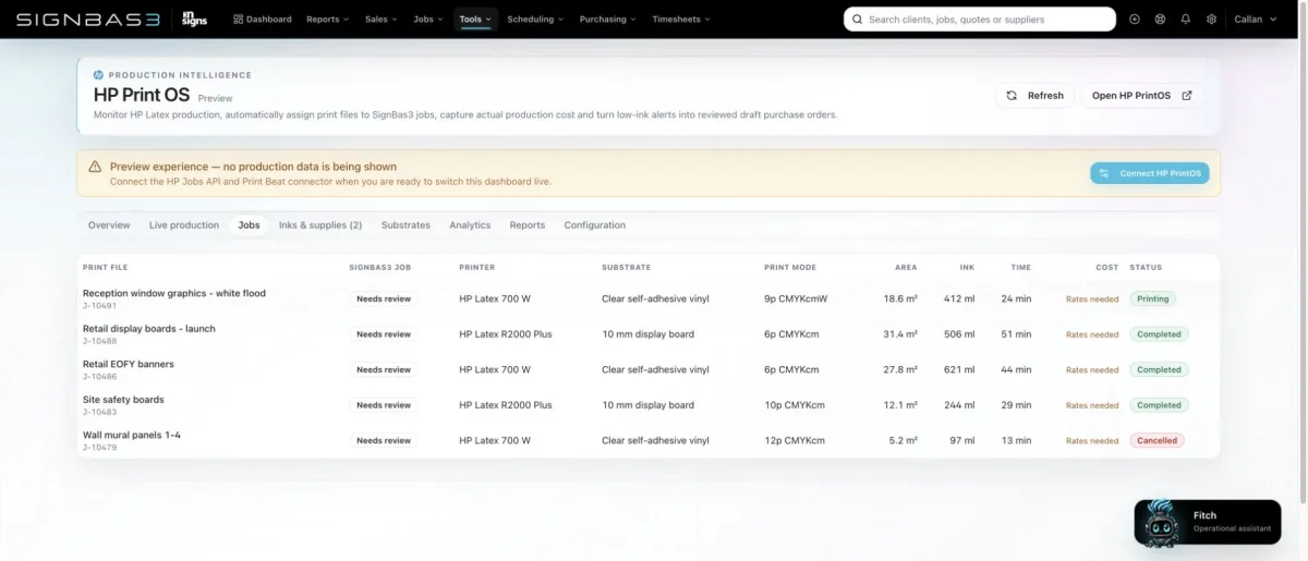 SignBas3 HP PrintOS jobs view showing print files, SignBas3 job numbers, printers, substrate, print mode, area, ink, time, cost and production status