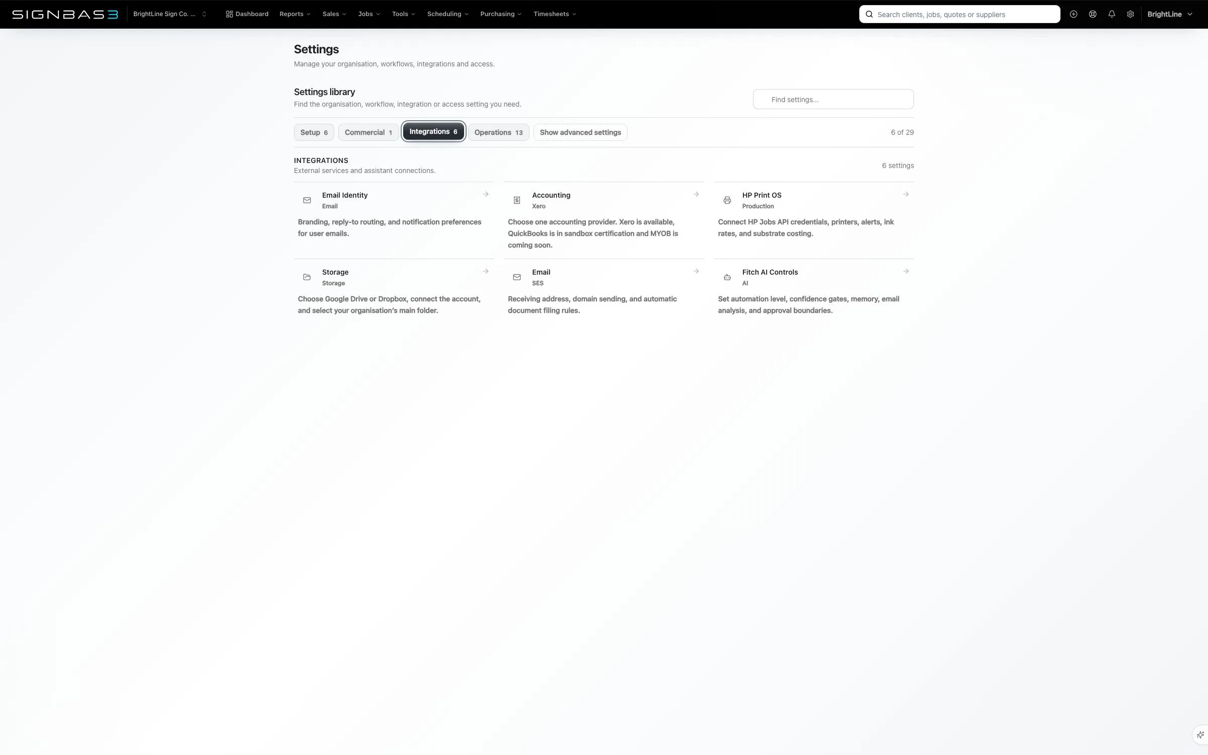 SignBas3 Integrations & migration workspace in the light theme