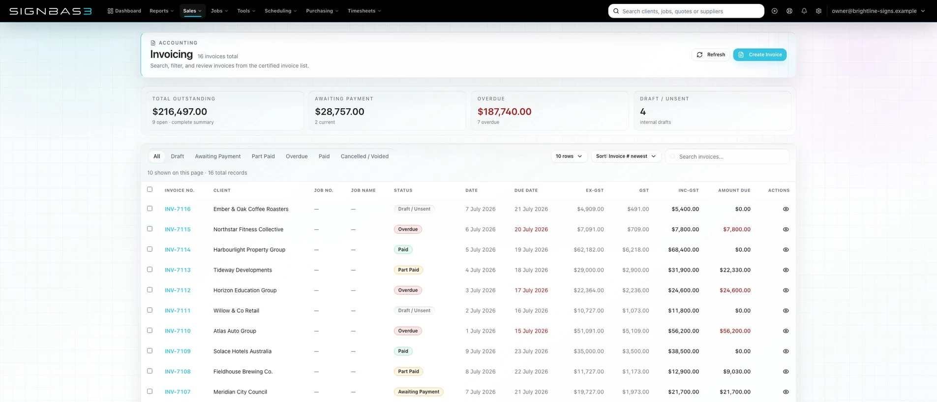 SignBas3 invoicing workspace showing outstanding, awaiting payment and overdue summaries
