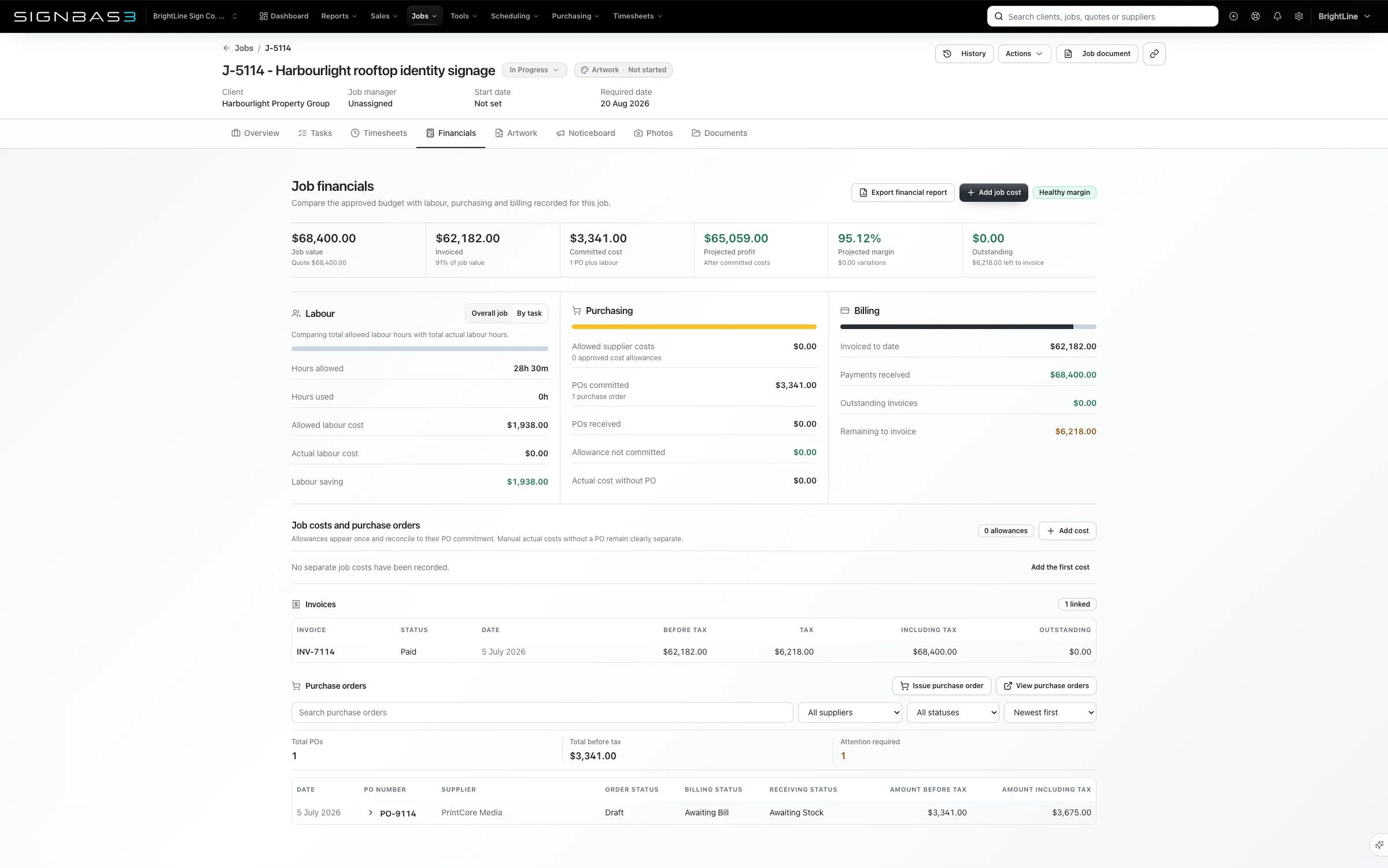 SignBas3 Invoicing & job financials workspace in the light theme
