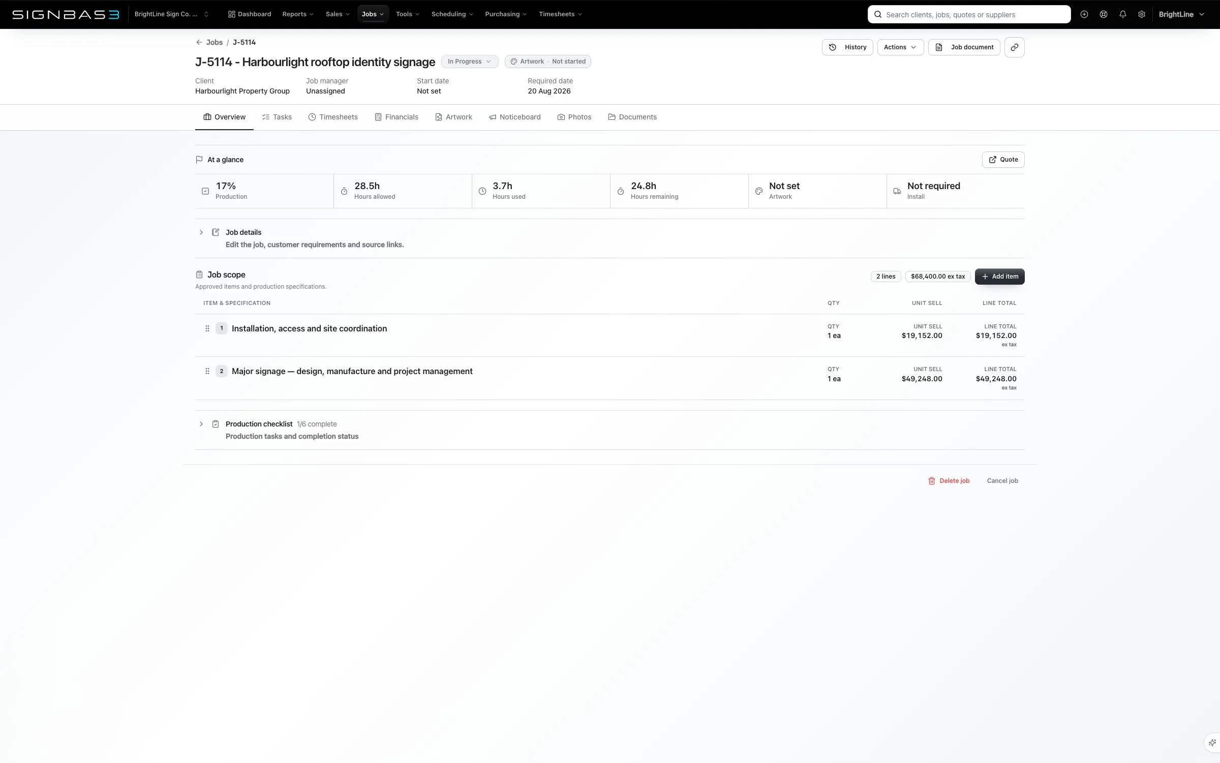 Current SignBas3 job workspace with accepted scope, progress and production tasks