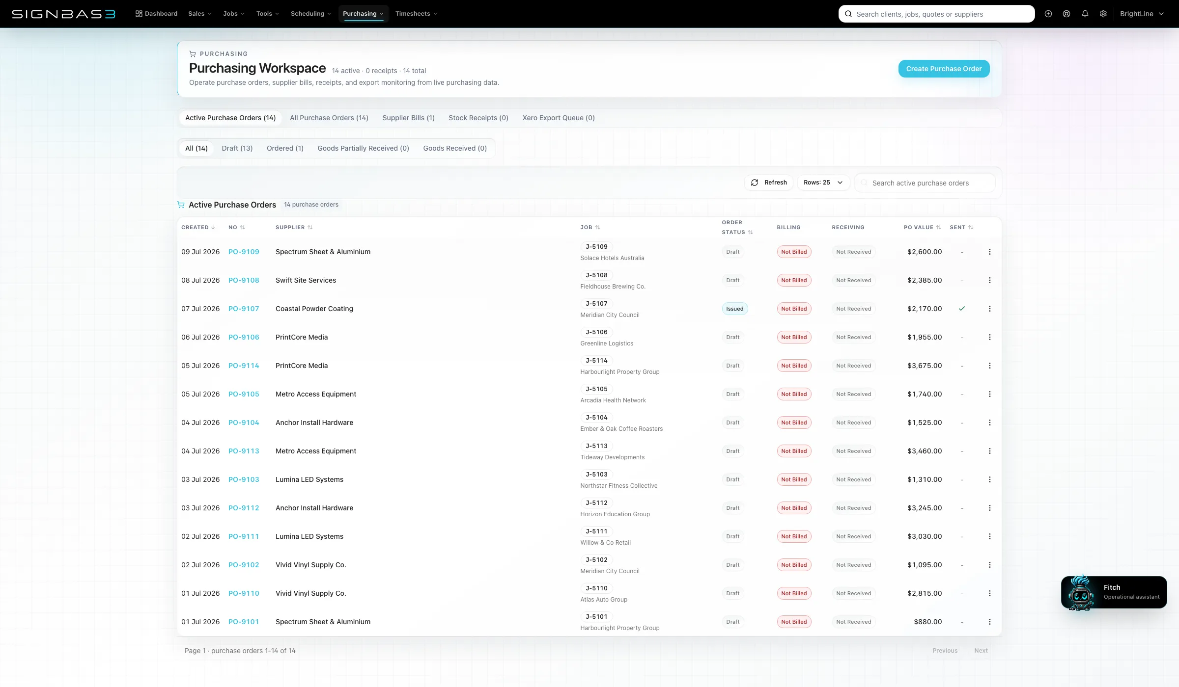 SignBas3 current purchasing workspace with purchase orders, supplier status, receiving and bill tracking