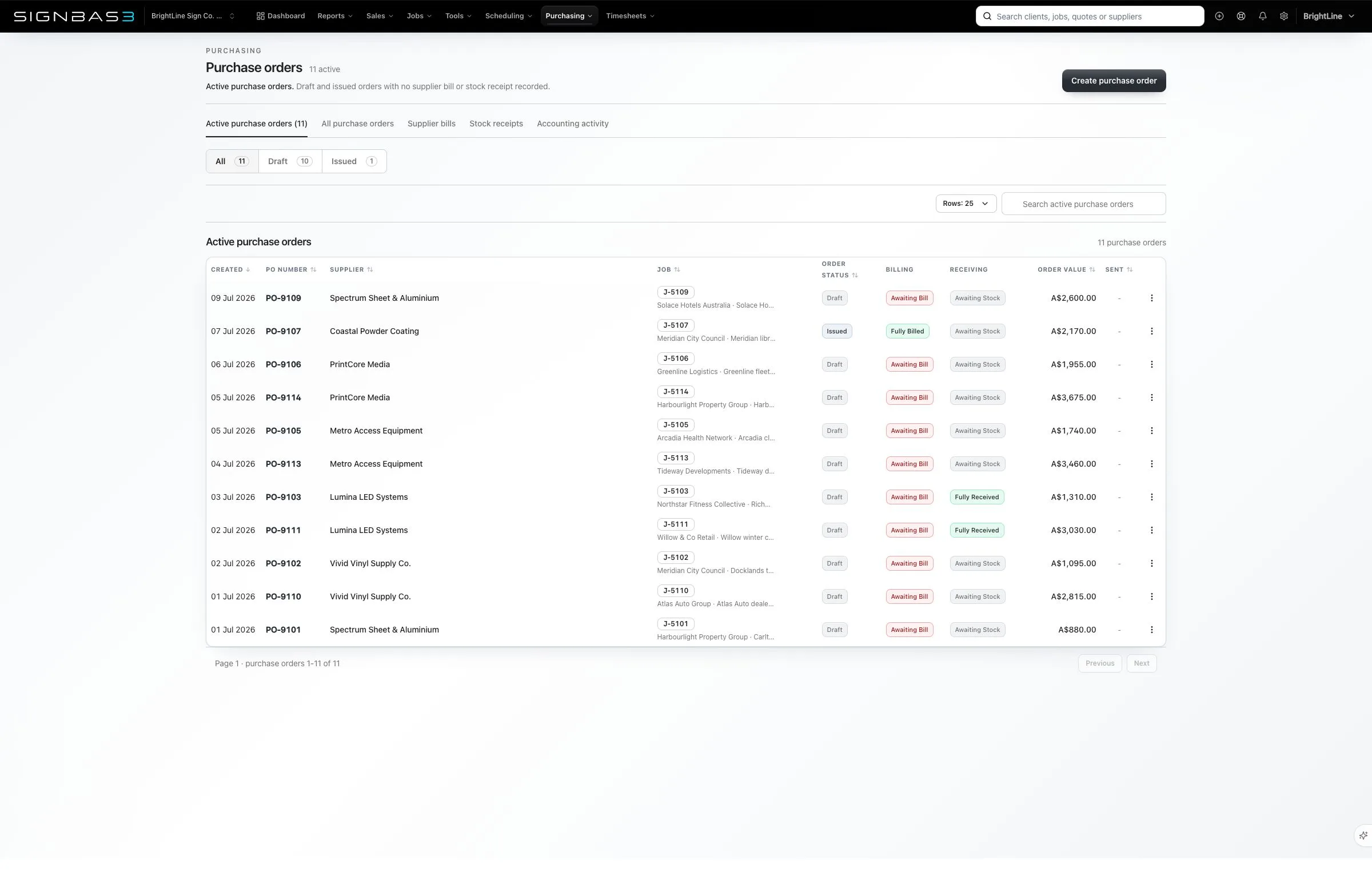 SignBas3 current purchasing workspace with purchase orders, supplier status, receiving and bill tracking