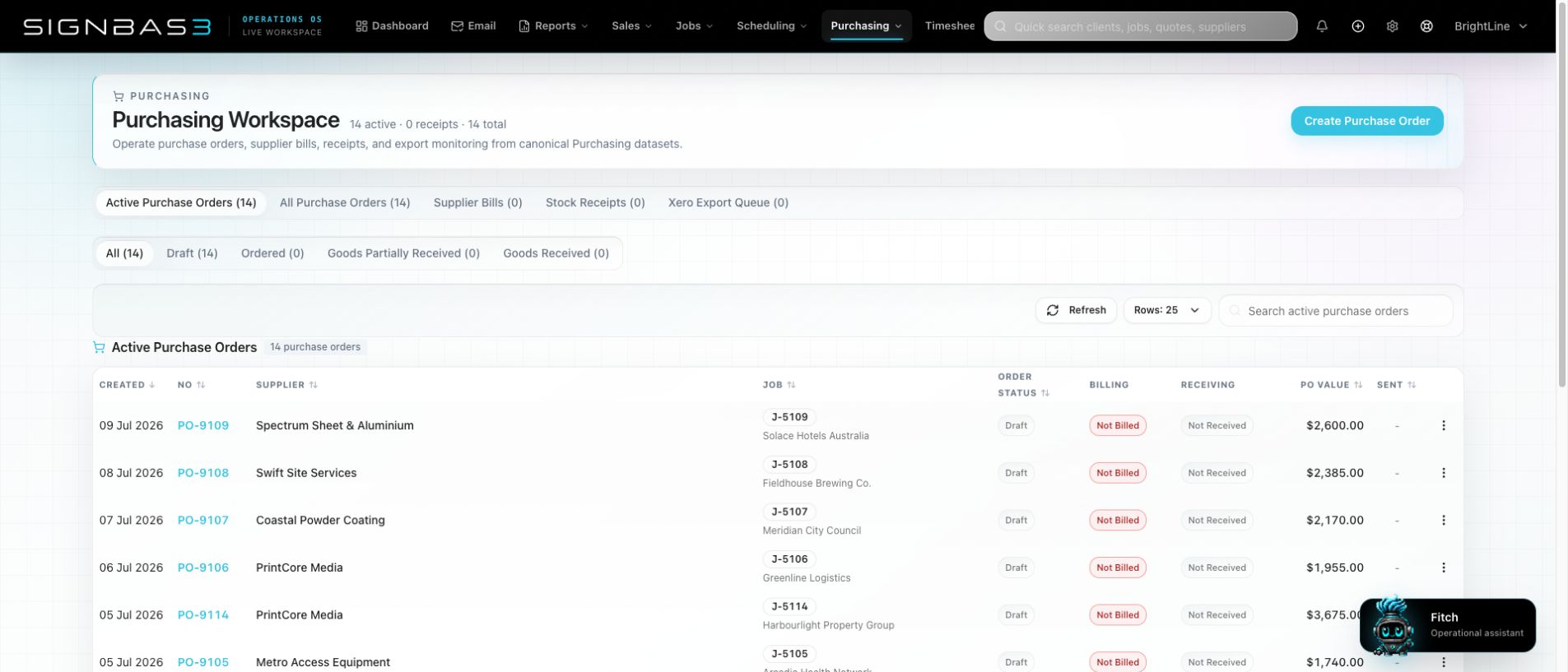SignBas3 purchasing workspace with synthetic purchase orders and suppliers