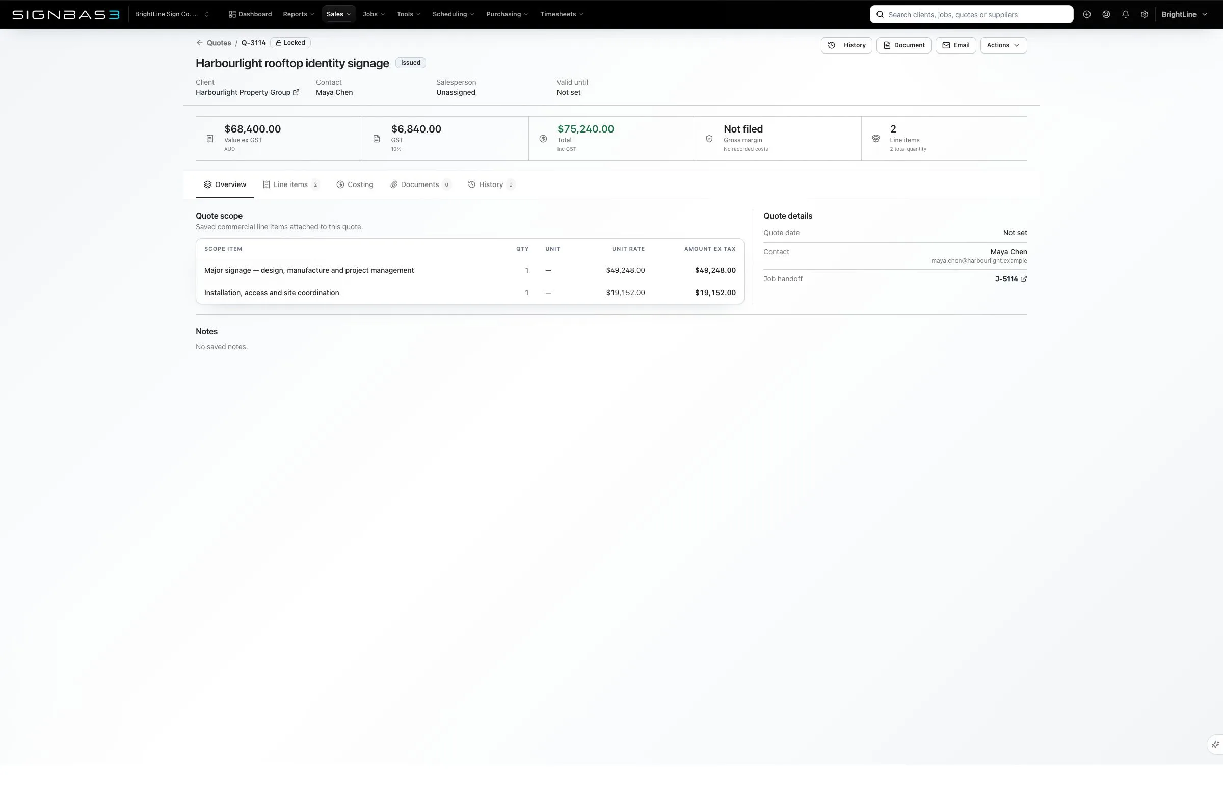 Current SignBas3 quote workspace carrying accepted scope into the job