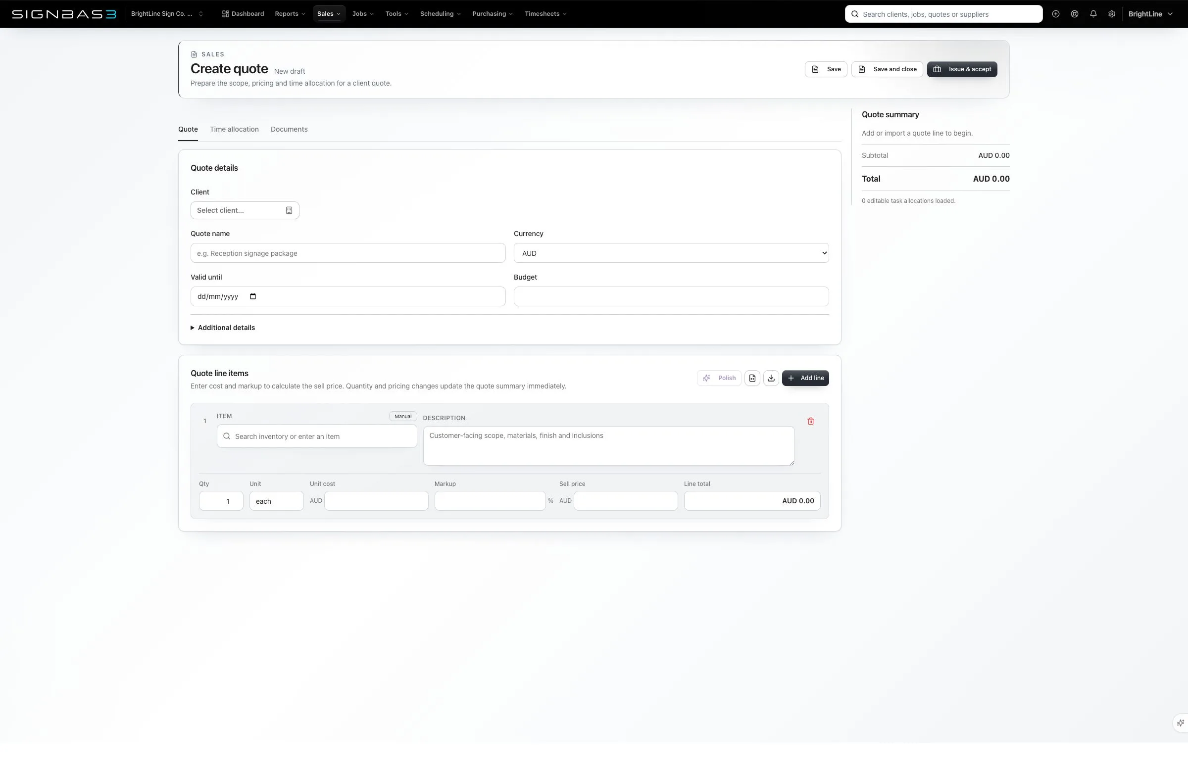 SignBas3 Estimating & quoting workspace in the light theme