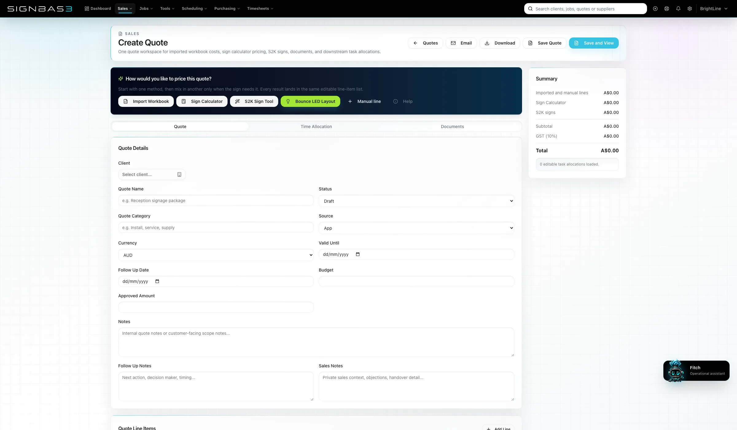 SignBas3 current quote builder showing the Import Workbook action and structured quote tools