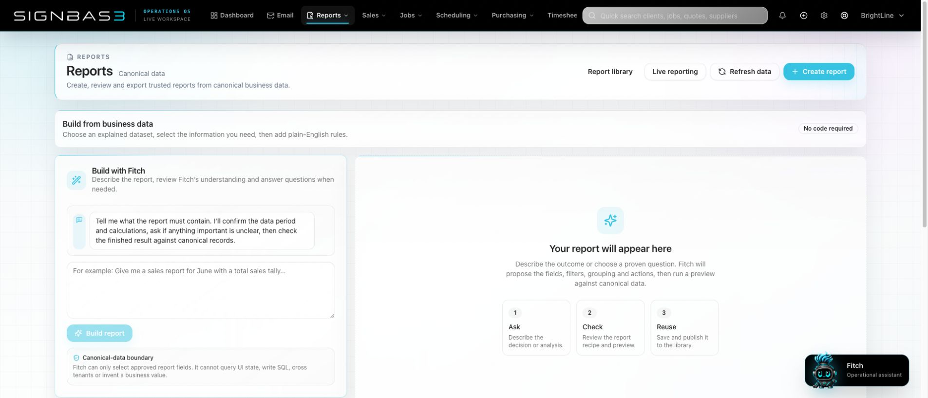 SignBas3 report builder showing proven report questions and canonical data controls