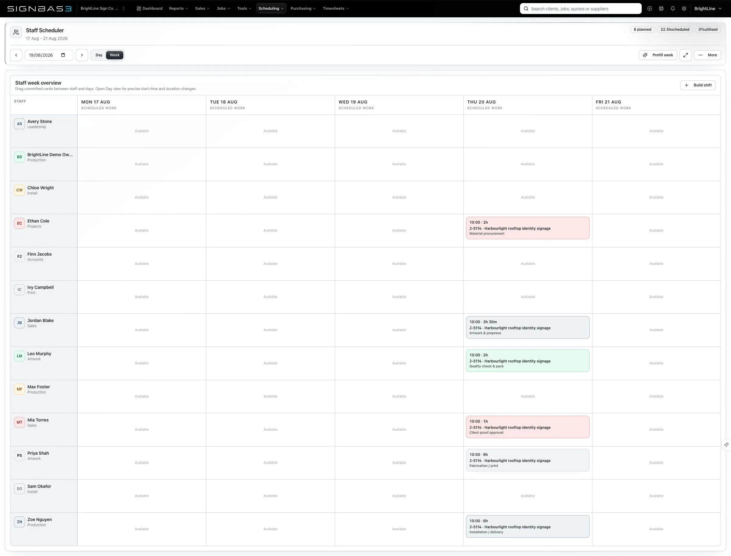 Current SignBas3 scheduler for live work, staff capacity and reviewable prefill