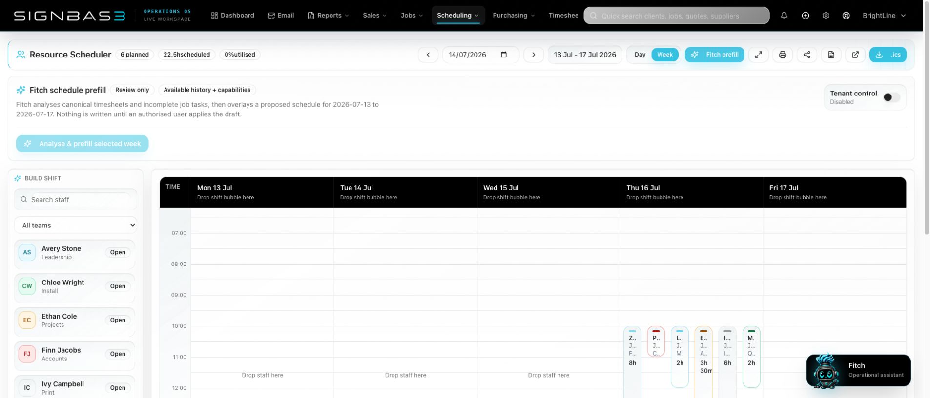 SignBas3 resource scheduler in light mode with Fitch AI prefill controls