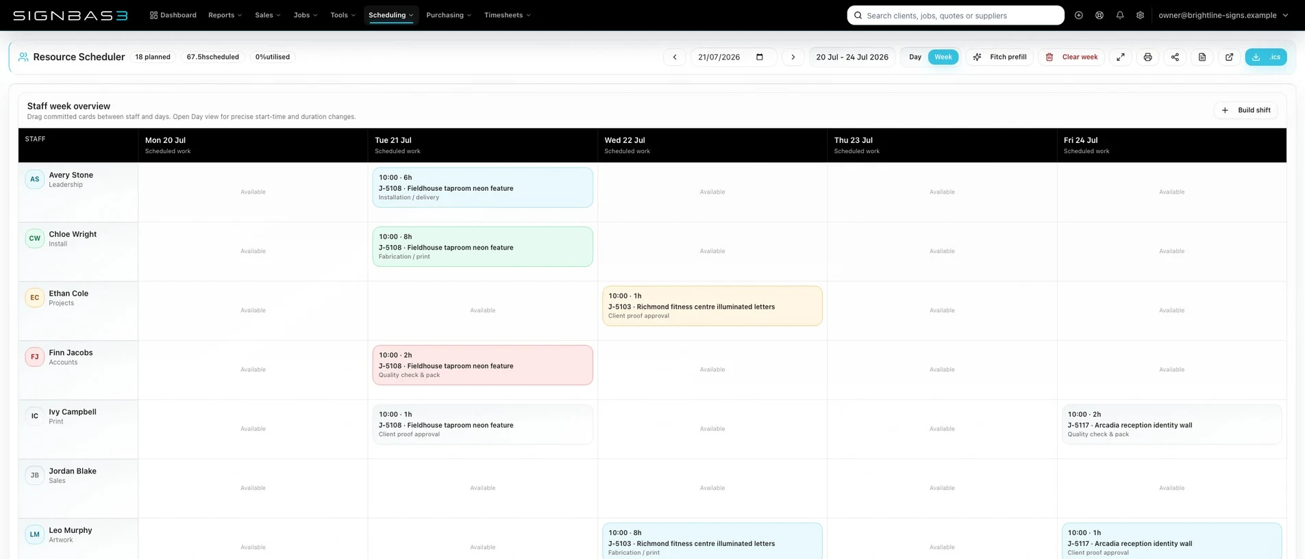 SignBas3 resource scheduler in light mode with Fitch AI prefill controls