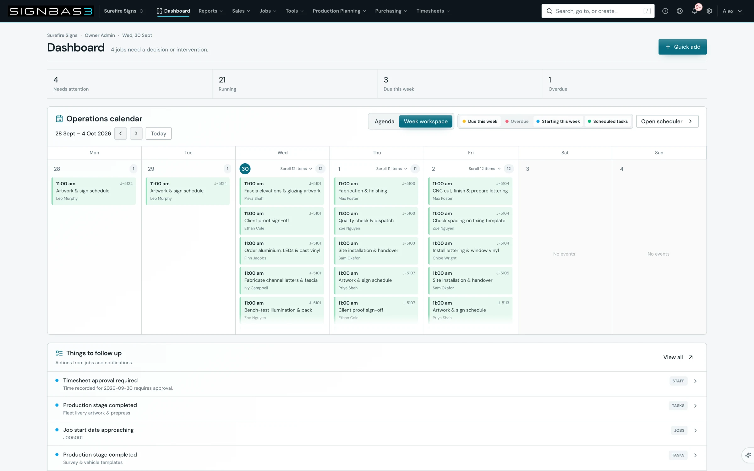Surefire Signs operations calendar with current jobs, deadlines and scheduled tasks