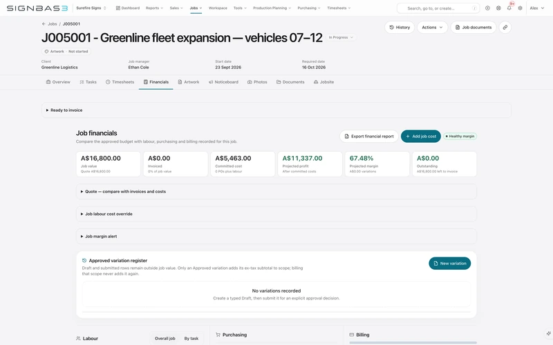 Surefire Signs fleet job financials with accepted value, recorded labour and material costs