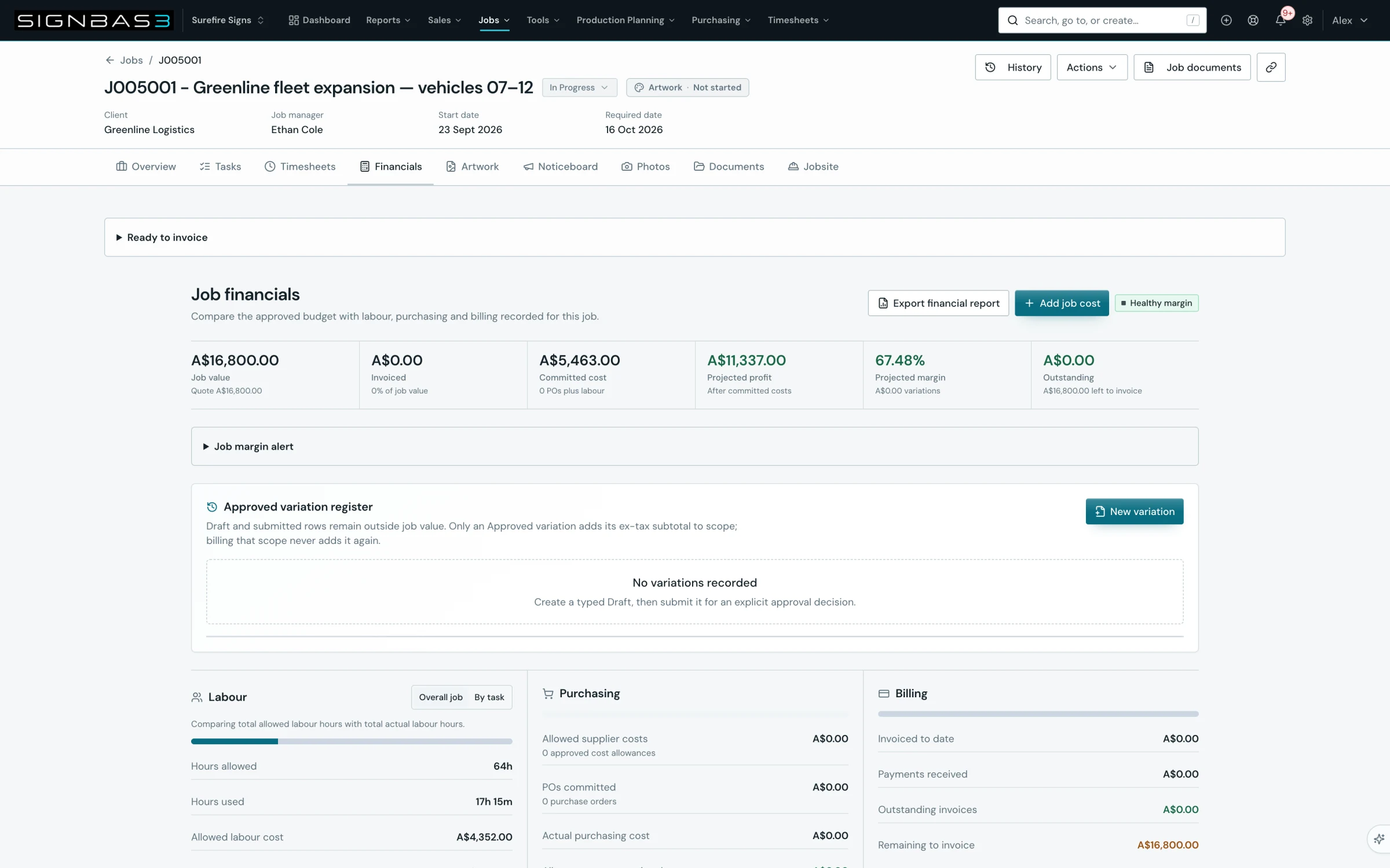 Surefire Signs fleet job financials with accepted value, recorded labour and material costs