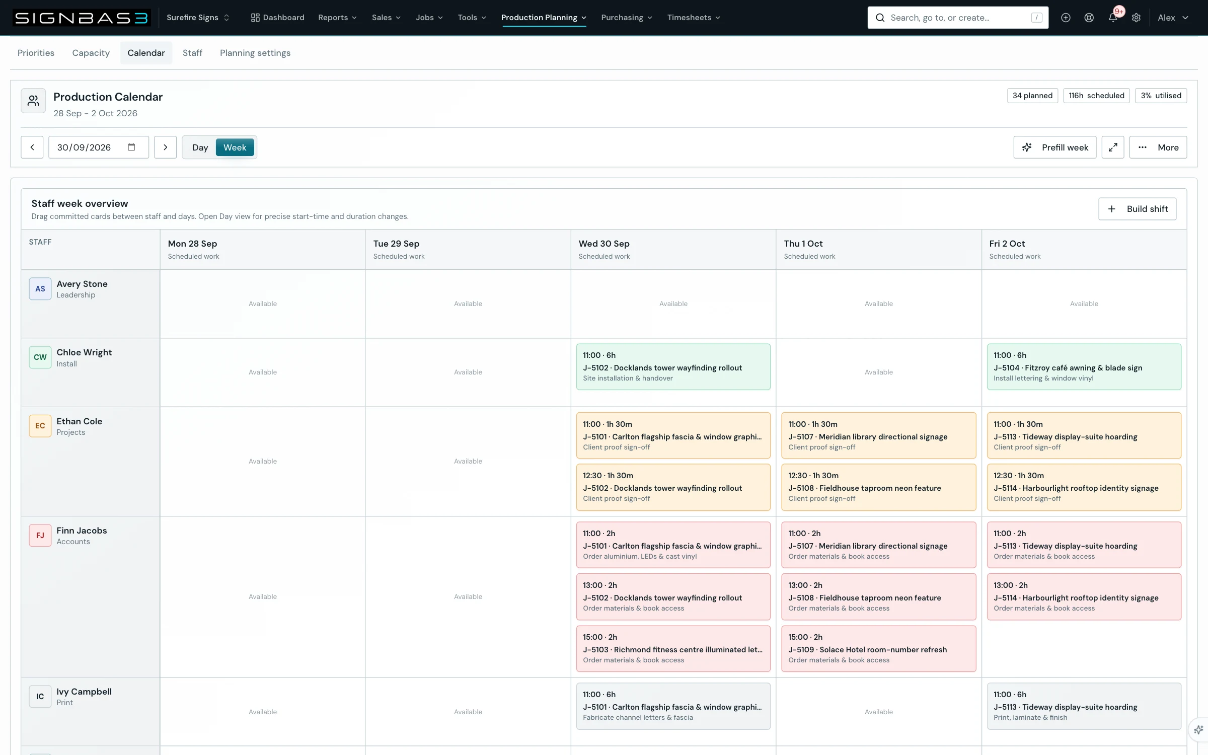 Surefire Signs production calendar with named staff and scheduled signage work