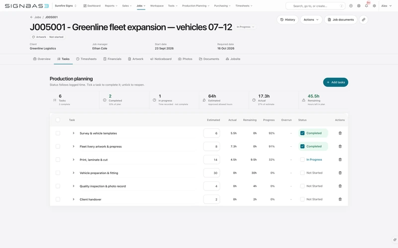 Surefire Signs fleet job with six production tasks, estimated hours, recorded time and progress