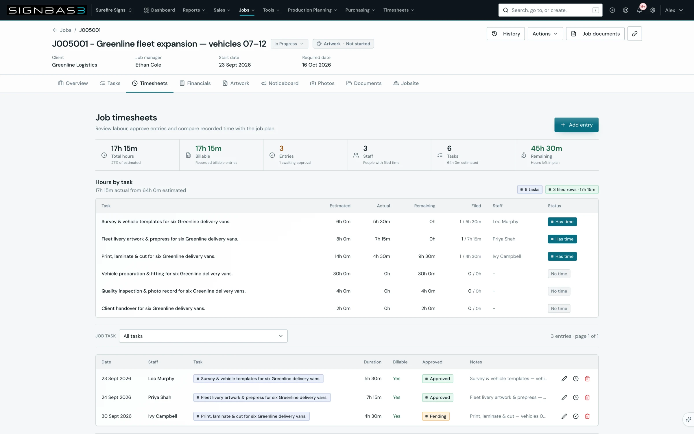 Surefire Signs job timesheets showing staff, tasks, recorded hours and approval status