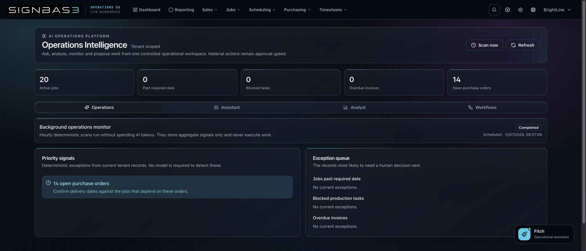 Fitch Operations Intelligence workspace with priority signals and human exception queue