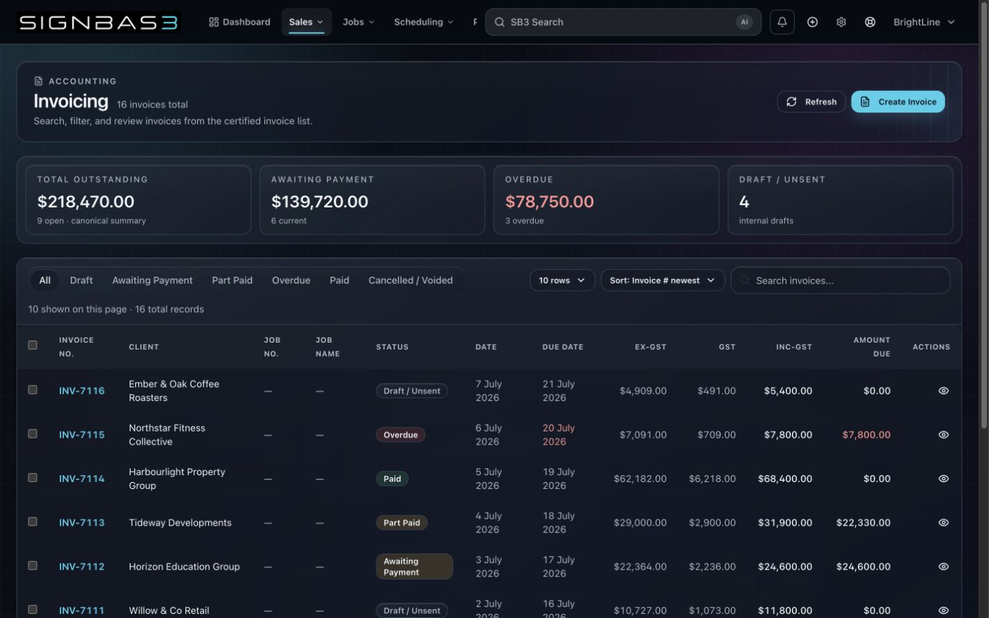 SignBas3 Invoicing & job financials workspace